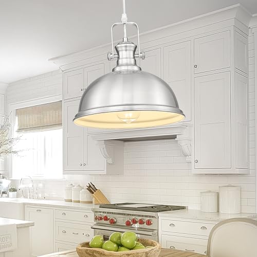 Image of 11.5 inch Brushed Nickel Pendant Light for Kitchen Island, Metal Shade | Industrial Vintage Hanging Light Fixture for Dining Room Entryway, Adjustable Height Cord, E26 Base, AD-2151-1PL-SN