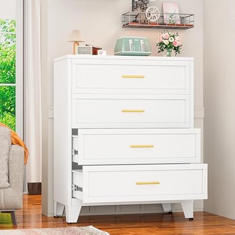 GAIOUS Tall 4 Drawers Dresser for Bedroom, Metal Drawer Dresser Chest Organizer, 4 Drawer Metal File Cabinet, Drawer Cabinet for Home Office Collection and Storage Small Size Files (White) Cover