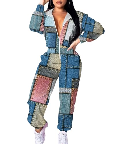 EOSIEDUR Conjunto de chándal de una pieza con capucha para mujer, chaqueta con cremallera, rompevientos y cintura elástica, Estampado azul vaquero, Small