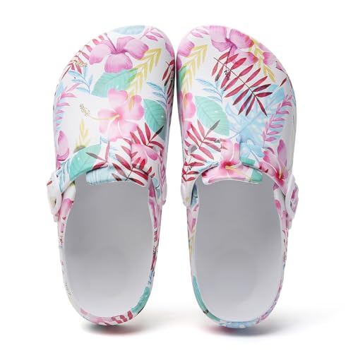 Image of Eliogn Women's Garden Clogs with Print, Waterproof Slip Resistant Work Clogs, Lightweight EVA Slip-On Mules, Cushioned Comfortable Shoes for Nurse, Chef, Kitchen, Beach