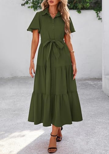 Image of KIRUNDO Summer Button Down Wedding Guest Shirt Dresses for Women Maxi Flutter Short Sleeve Flowy Tiered Beach Sun Dress