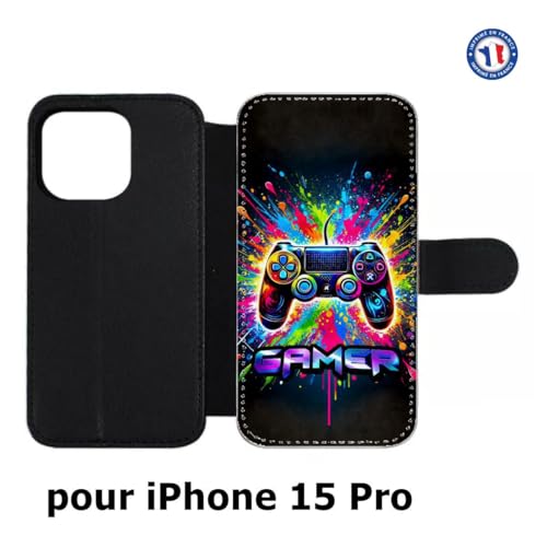 Étui en cuir iPhone 15 Pro de qualité premium au design gamer multicolore - 2