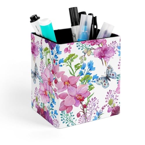 Quteprint Portalápices cuadrado, diseño de mariposas, flores, hojas florales, para escritorio, organizador de bolígrafos de oficina, accesorios de escritorio, soporte de brochas de maquillaje para el