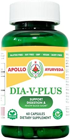 Apollo Ayurveda Dia V Plus Support Digestion Supplement Powerful Blend of Karela Cinnamon Neelkanti Herbs Ayurvedic Vegan 60 Capsules