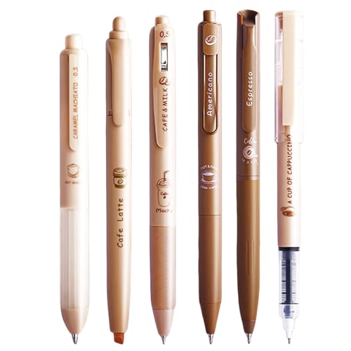 MOZXIRZ Cute Coffee Pen 5 Pcs Gel Pens with 1Pcs Highlighter 0.5mm Black Ink Pen Smooth Writing Pens Retractable Pens Office School Supplies Pens for Girls Boys Women Men (Coffee)