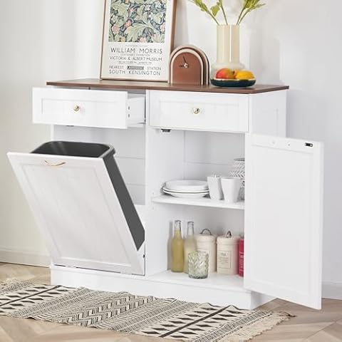 Pipleo Tilt Out Trash Cabinet 13 Gallon, Kitchen Trash Can Cabinet with 2 Hideaway Drawers & Adjustable Shelf, Freestanding Trash Cabinet, Recycling Cabinet for Living Room, Bathroom, Laundry, White Cover