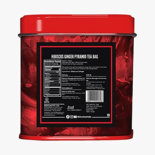 BLUE TEA - Hibiscus Ginger Herbal Tea - 36 Biodegradable Tea Bags (Pack Of 2) | SKIN GLOW ENHANCING TEA | Caffeine-Free | Detox - Soothing Tea | Vegan - Gluten Free | Tin Packing(18X2)