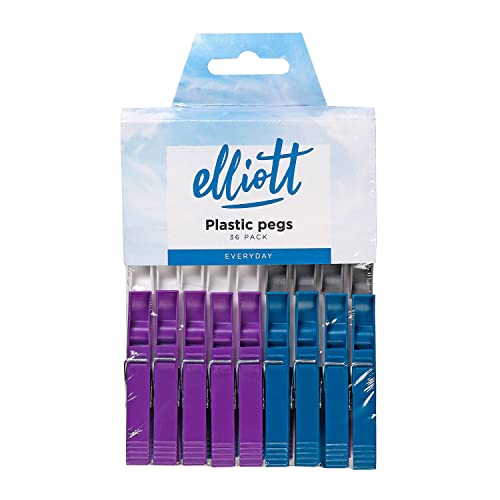 Elliott Plastic Pegs with Metal Spring, Assorted Colours, 36 Pack, Everyday Laundry Essential, Multi-colour Pack