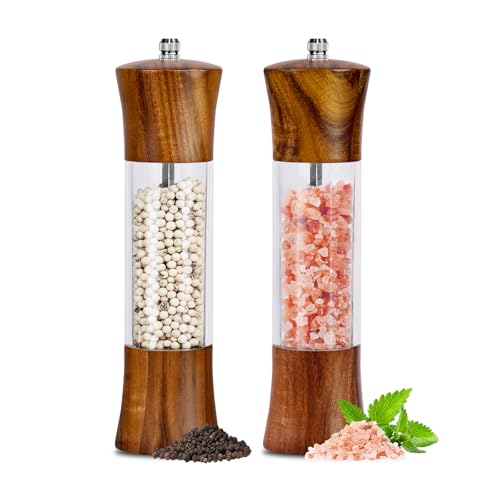 Acacia Wood Premium Acrylic Salt Grinder and Pepper Grinder Set 8 Inches Salt and Pepper Mill Set, Manual Salt and Pepper Mills- Wooden Shakers with Adjustable Ceramic Core 2 Pack