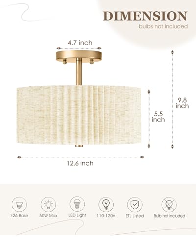 Image of Gold Semi Flush Mount Ceiling Lights, 3-Light 12.5 inch Light Fixtures Ceiling Mount with Pleated Linen Fabric Shade, Drum Lighting Fixture for Hallway Nursery Bedroom Kitchen, AD-25036-3SF-GD-B