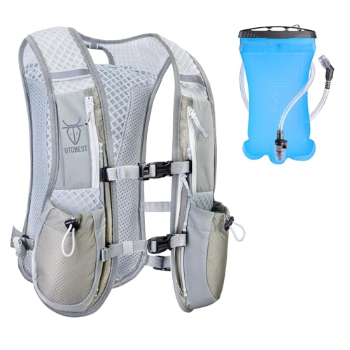 UTOBEST Trinkrucksack 5L, Laufweste, Herren Damen Ultraleicht Laufrucksack für Laufen, Marathon, Jogging, Radfahren (mit 1.5L Trinkblase, Grau