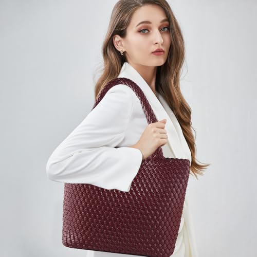 Image of Hand Woven Bag Tote BagS For Women Top Handle Shoulder Vegan Leather Large Travel Beach Hobo Handbag