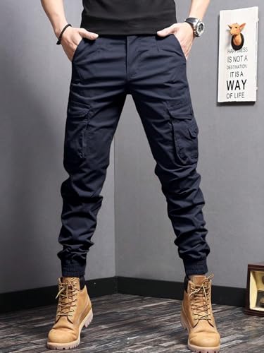 Men's Casual Cargo Pants Tapered Slim Fit Button Joggers Sweatpants Drawstring Tactical Pockets Trousers4