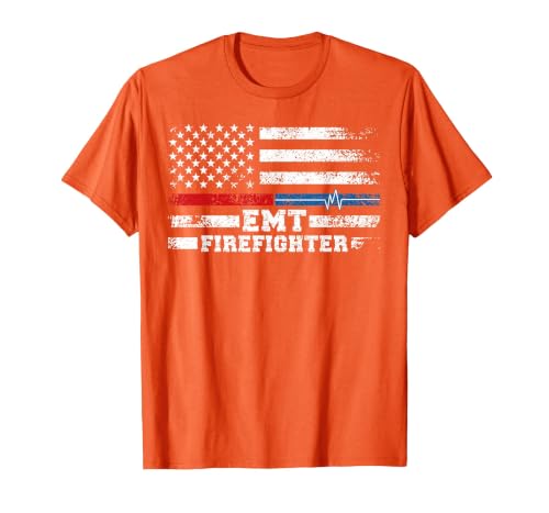 EMT Firefighter American Flag Proud Firefighter EMT T-Shirt, Men, Orange, Large