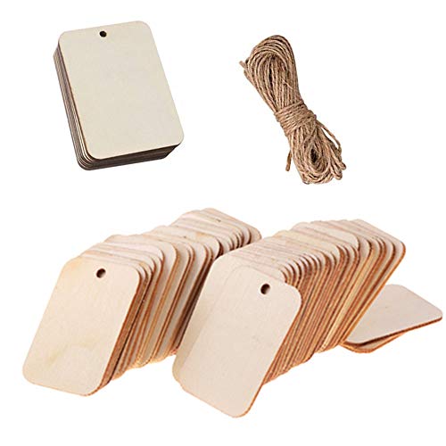 Gativs Holz Anhänger 100 Stück Geschenkanhänger Holz Streudeko Holz Anhänger Rechteck Holzplatte Deko mit Loch Holz Etiketten mit Schnur für DIY Malerei Handwerk Dekoration Cover