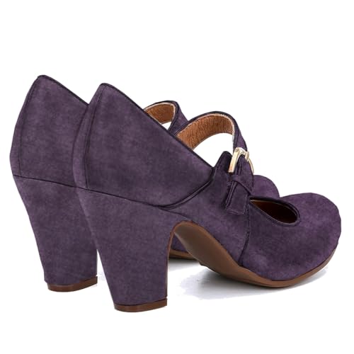 Image of SHODENSE Women Vintage Chunky High Heel Mary Jane Shoes Round Closed Toe Ankle Strap Dress Sandals 3 inch Block Heels Mary Jane Lolita Pumps Two-Toned Patchwork Buckle Office Lady Wedding Retro 4-11 M US