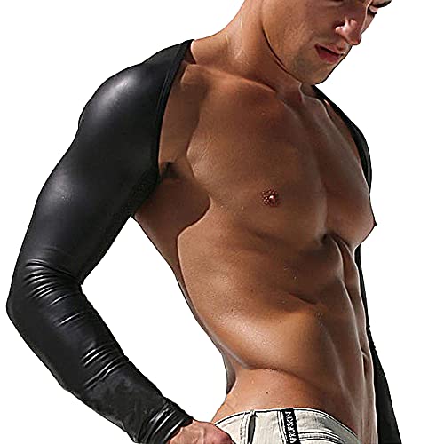 shengli Herren Wetlook Top Lange Ärmel Shrug Shirt Hauteng Muskelshirt Langarm Oberteile Lackoptik Erotik Glanz Unterwäsche Clubwear sexy Dessous Reizwäsche Fitness Gym Sport (schwarz,M) Cover