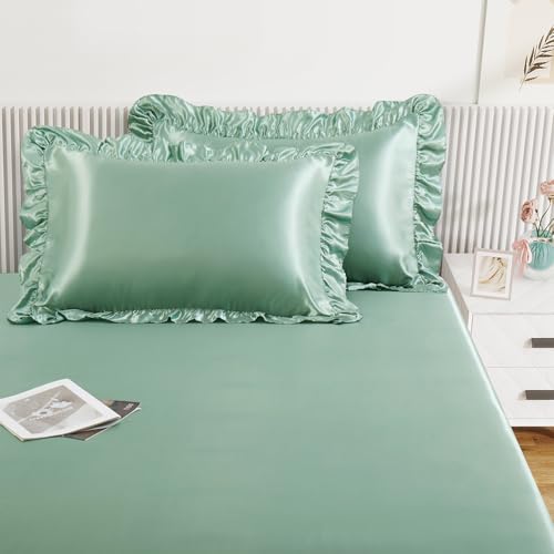 Image of Homiest Sage Green Twin Ruffle Pillowcase & Satin Fitted Sheet Set 2Pcs | Silky Satin Protects Hair And Skin, 15-Inch Deep Pocket, Pearlescent Earthy Natural Calm, Easy Machine Wash Care