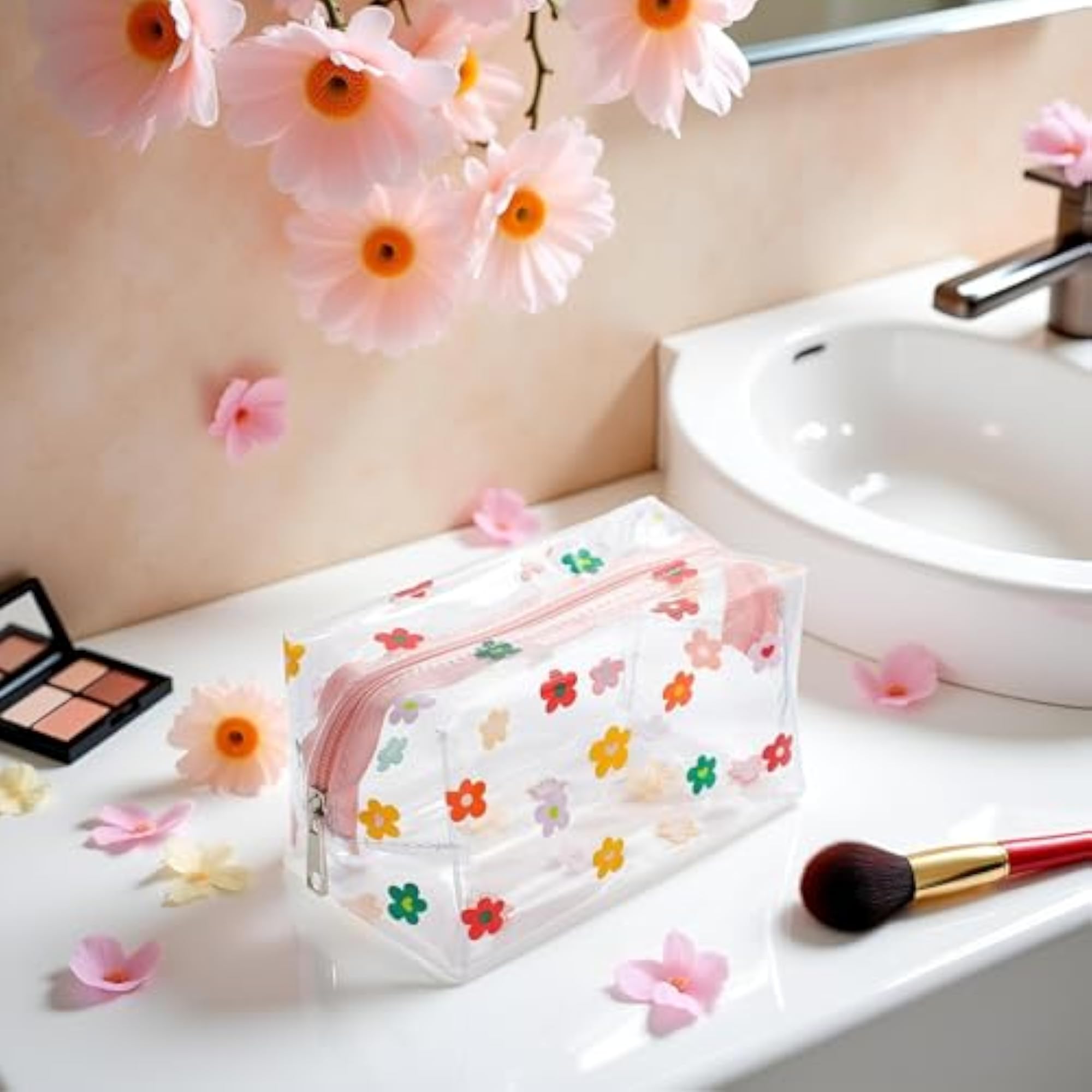Clear Colorful Flower Makeup Bags, Waterproof Toiletry Storage Pouch