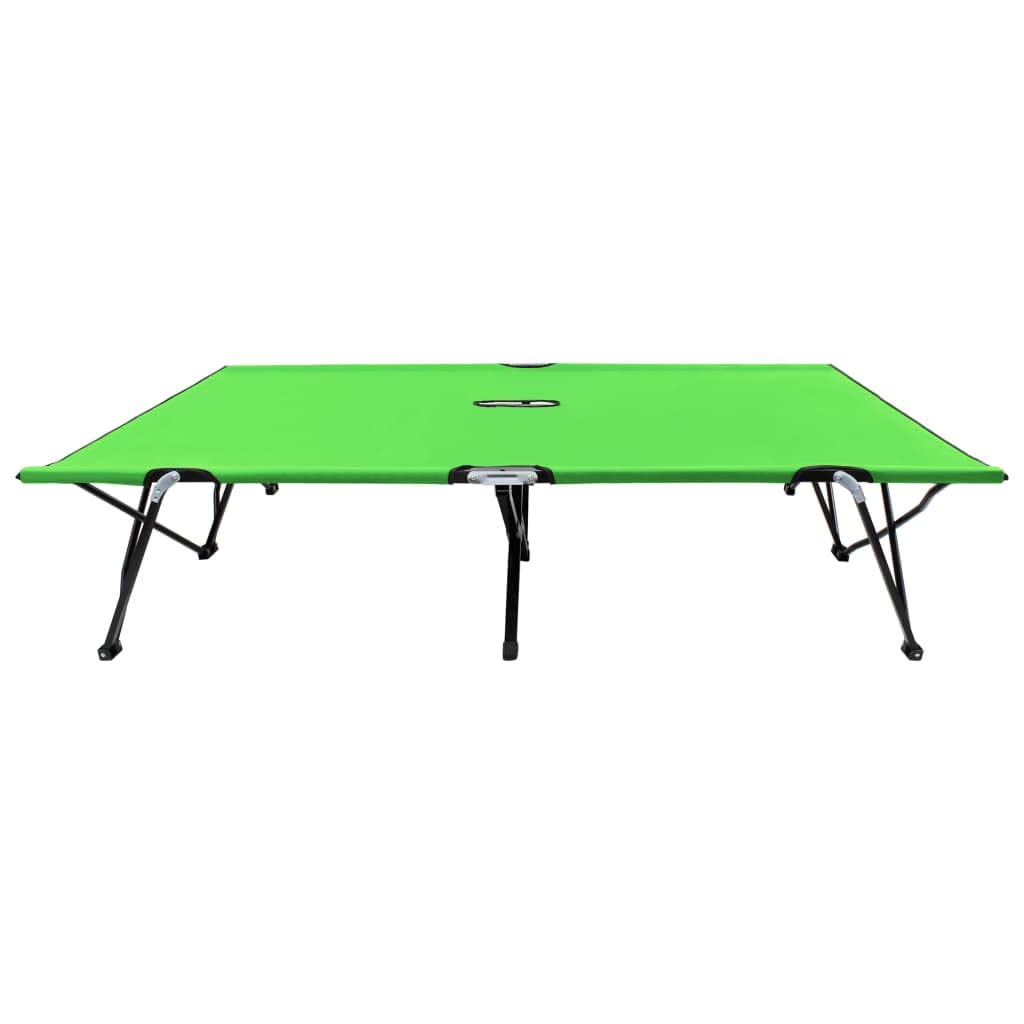Chaise longue pliable 2 places vert acier 240kg Camping lit de camp double extérieur robuste pliant transportable avec cadre acier antirouille et tissu polyester 600D jardin plage randonnée