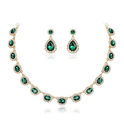 Crysdue Bridal Wedding Jewelry for Women Oval Teardrop Rhinestone Crystal Collar Necklace Pierced Dangle Earrings Set for Prom Party