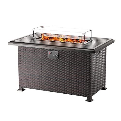 Gotland 8 Piece Outdoor Patio Furniture Set with Gas Fire Pit Table Patio Furniture Sectional Sofa w/43in Propane Fire Pit, 50,000 BTU Auto-Ignition Firepit w/Glass Wind Guard (Brown)