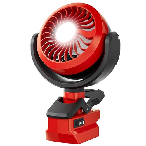 Samvinor Battery Powered Fan for Milwaukee 18V Battery Cordless Portable Camping Fan Clip Fans with LED Light & 210 Adjustable for Jobsite Tent Travel Fishing Outdoor (No Battery Red)