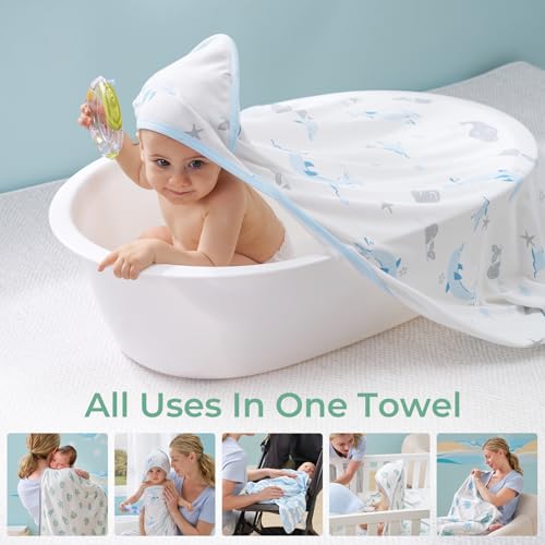 Image of Momcozy Baby Towel with Hooded-Original Design Baby Towel Set -Soft & Absorbent- Shower Gifts or Bath Essential for Infant, Newborn, Toddler, Marine Sea Whale Seal Waves Magic