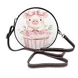 Bolso bandolera redondo de piel con diseño de cerdo, diseño de cerdo, con flores, color rosa