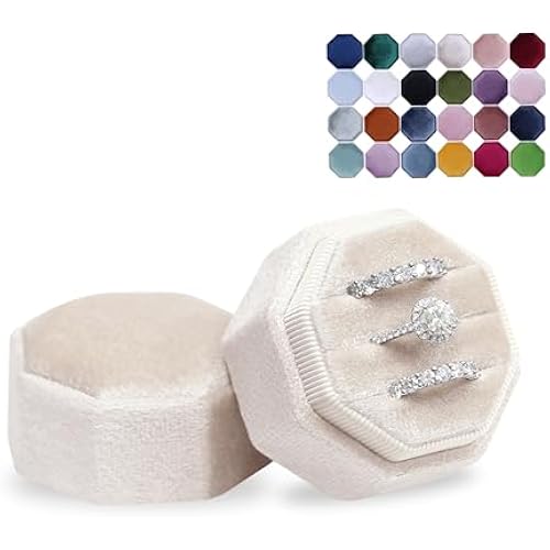Velvet 3 Slots Jewelry Ring Box Engagement Wedding Box Keepsake Box Bridal Photo Ring Triple Slots Octagon (Champagne)