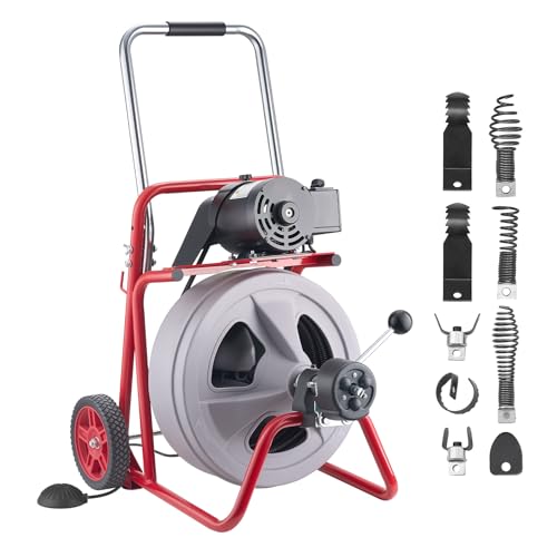 VEVOR Drain Cleaner Machine 75 FT x 1/2 Inch, Auto Feed Sewer Snake Drain Auger on Wheels, Portable Drain Cleaning Machine with 8 Cutters & Air-Activated Foot Switch for 2