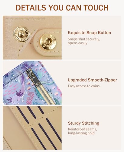 Image of Immaturus Womens Wallet, Slim Thin RFID Blocking Card Wallets, Axolotls Bifold PU Leather Credit Card Holder Organizer, Cute Cash Clutch Long Billfold with Zipper Coin Pocket Ladies Girls Gift
