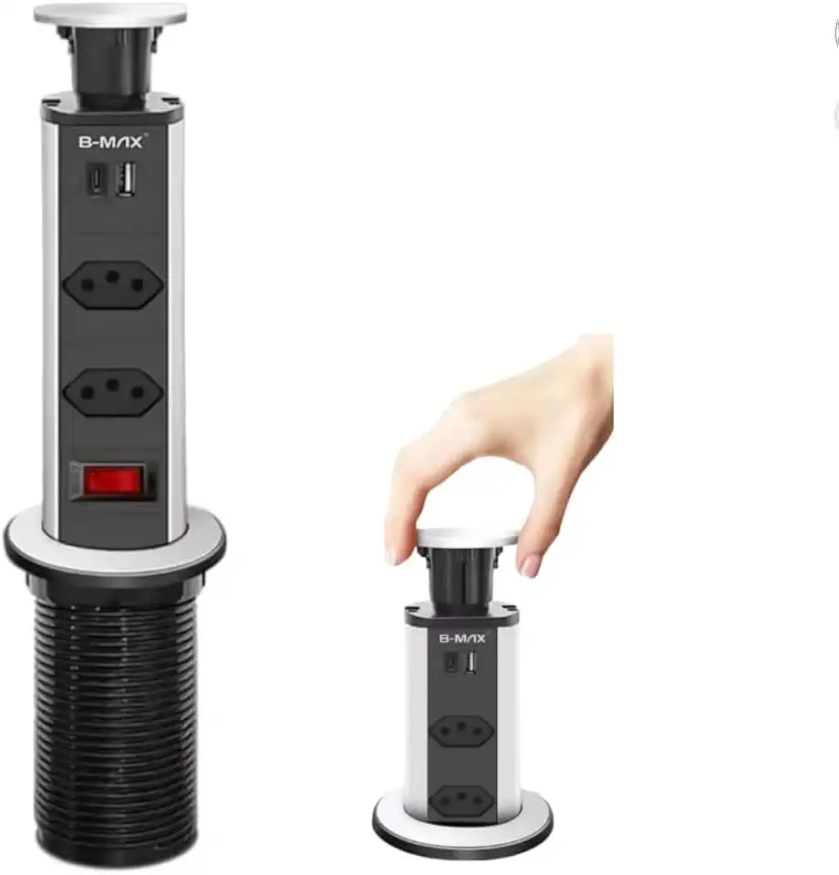 Torre de Tomadas Embutir Mesa, 3 Tomadas Padrão Brasileiro, USB e USB-C, com Botão Liga/Desliga, PRATA (prata)