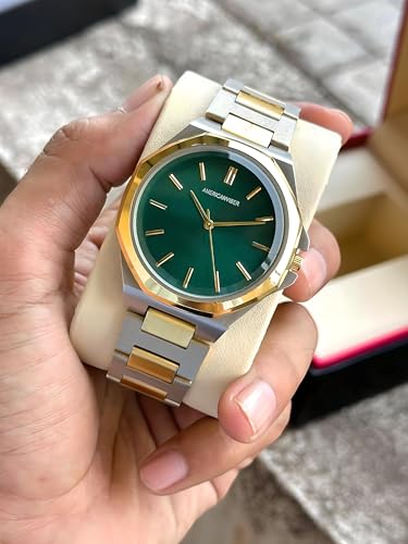 Image of AMERICANVIBER Modern Analog Watch, Silver and Black Two-Tone Stainless Steel Band, Octagonal Case, White Dial for Men