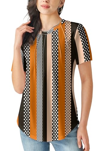 Womens Short Sleeve Tops Summer Tops for 2025 Casual Crew Neck Pleated Tops Blouses Fashion