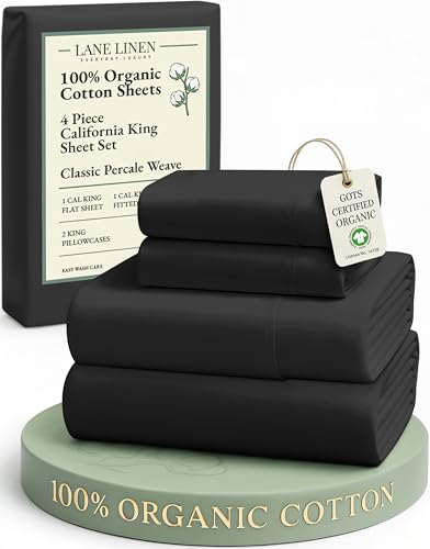 Image of Lane Linen 100% Organic Cotton California King Sheets Set, 4-Piece Pure Organic Cotton Long Staple Percale Weave Ultra Soft Best Bedding Sheets for Bed, Breathable, Fits Mattress Upto 15 inch Deep - Black