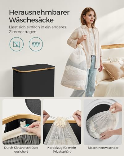 SONGMICS Wäschekorb mit Deckel, Wäschesammler mit 2 Fächern, 130 L, herausnehmbarer Wäschesack, Oxford-Gewebe, Griffe aus Bambus, zusammenklappbar, 52 x 38,5 x 70,5 cm, tintenschwarz LCB513B01