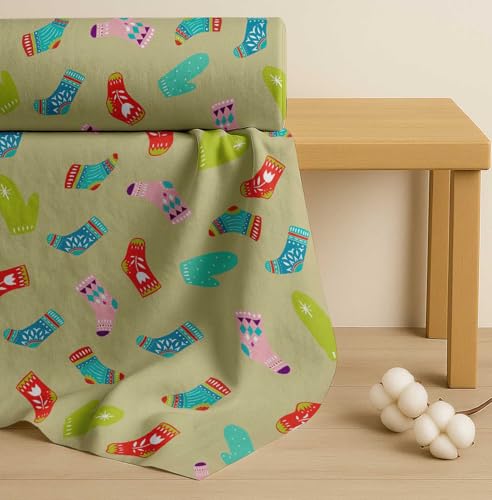 Image of Soimoi Beige Cotton Poplin Fabric Socks & Gloves Folk Art Printed Craft Fabric by the Meter 42 Inch Wide
