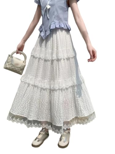 Women Lace Flower Spliced Skirts Elastic High Waist Fairy Skirt Summer Thin Beach Midi Skirts2