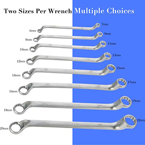 8 Piece Metric Offset Box End Wrench Set, 6mm-22mm,75 degree Long Double Ring Wrench Drop Forged Spanners with Tool Roll Pouch
