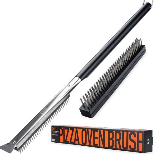 OUII 26'' Pizza Oven Brush with Stone Scraper - Includes 2 Brush Heads, Heat-Resistant Silver Stainless Steel Bristles - Long Grip Handle, Compatible with Ooni, Gozney, Blackstone, Solo Stove Ovens