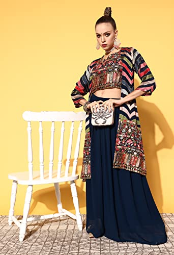 Image of LYMI LABEL Lehenga Choli For Women - Georgette Mirror work Banjara Floral Embroidered Thread Woek Choli, Plain Lehenga With Shrug Fully Stitched