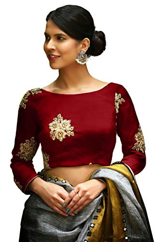Womens Taffeta Silk Embroidary Work Saree Stitched Blouse (Medium-36, Red)