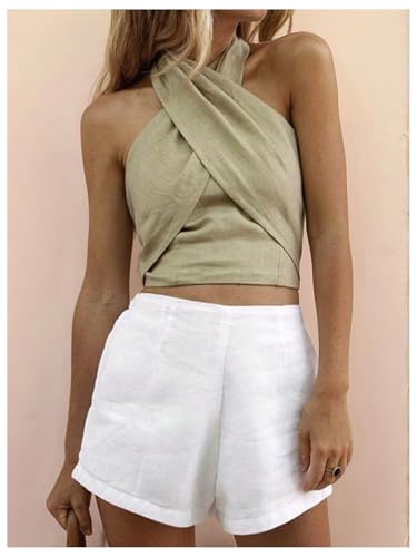 SweatyRocks Women's Wrap Halter Top Crisscross Backless Sleeveless Tank Going Out Crop Tops3