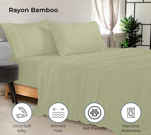 Image of Royale Linen Bamboo Viscose Queen Sheet Set - Cooling Bed Sheet Set - 1 Fitted 1 Flat & 2 Pillowcase - Fits Up to 16 - Organic Viscose Derived from Bamboo - Bedding Sheet &Pillowcase (Queen,SageGreen)