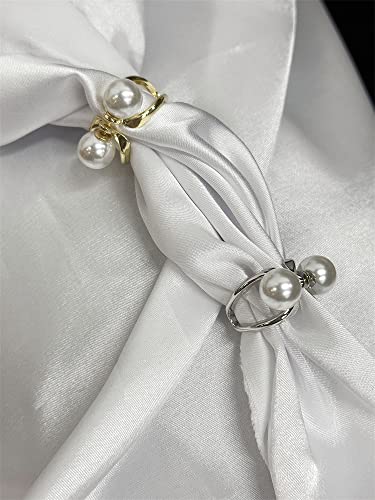 Image of Double Pearls Silk Scarf Ring Clip Brooch for Women Girls 10mm Artificial Shell Pearl Butterfly Bowknot Shawl Scarves Statement Finger Rings Size 8 Dainty Mother's Birthday Wedding Party Jewelry Gift