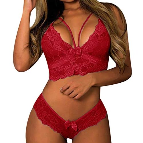 CheChury Lencería Encaje Conjunto Mujer 2 Pcs Bordado Floral Sujetador y Cintura Baja Bragas Nudo de Lazo Ropa de Dormir Babydoll Lencería