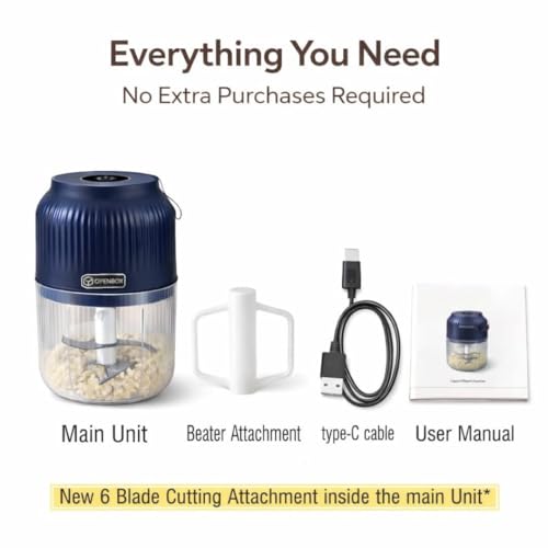 Image of OPENBOX Mini Electric Chopper & USB-C Portable Blender - 350 ml Food Processor, Egg Beater & Coffee /Protein Mixer - Whisk Froth Milk Puree Blend Fruits & Veggies - Rechargeable Kitchen Gadget (Blue)