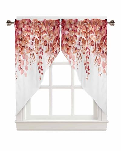 TweetyBed Swag Curtain Valances Red Eucalyptus Short Swag Topper for Small Windows Watercolor Leaves Window Curtain Tiers for Kitchen Bedroom Living Room 56" W x 36" L