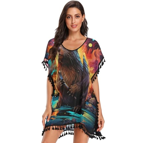 Colorful Art Beaver Mouse Women's Beach Cover Up Chiffon Tassel Swimwear Swimsuit Coverups for Girl